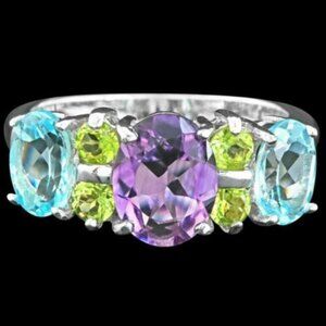 Unheated Natural 9X7mm Amethyst Peridot Sky Blue Topaz Silver 925 Ring Size 7